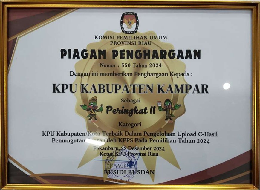 KPU Kampar Raih Tiga Penghargaan Pelaksanaan Pilkada Serentak 2024